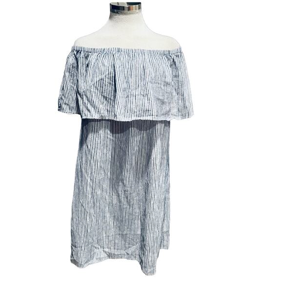 J. Crew Blue & White Stripe Large Ruffle Off Shoulder Knee Length Dress Size L - Picture 1 of 8